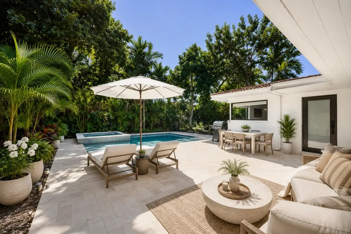 A Shenandoah, Miami backyard — pool, covered terrace, and mature tropical planting behind a single-story house